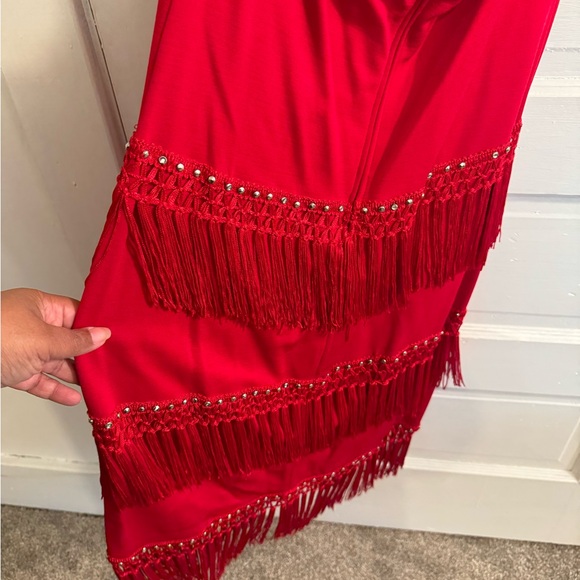 Red Tassel Halter Dress with Rhinestone Detail - Picture 10 of 11